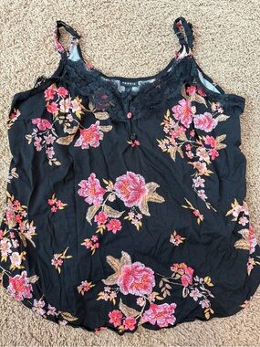 torrid Black Floral Lace-Trim Camisole with Pink & Coral Embroidery